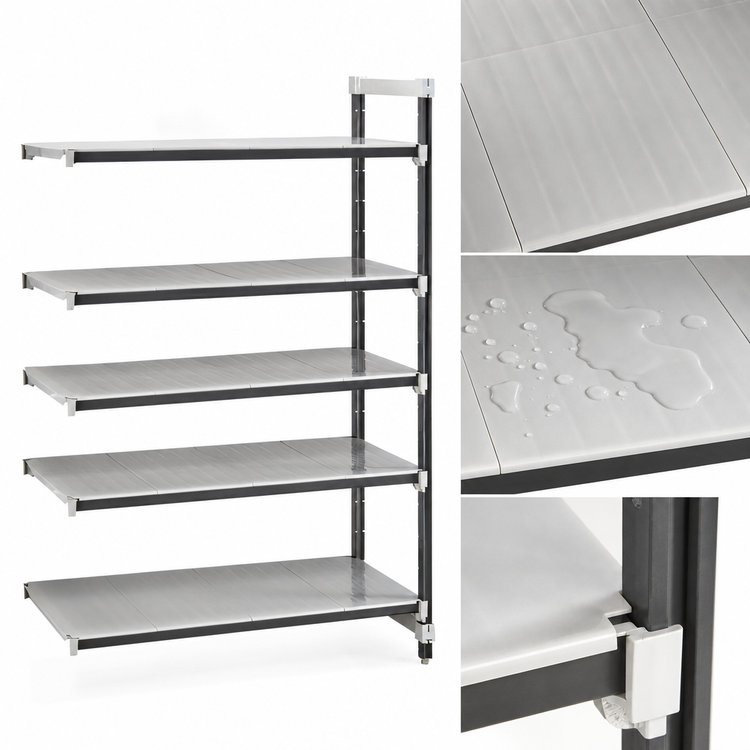 Product image #3 for Cambro Camshelving Elements XTRA Stationary Add-On Polymer Shelving Unit, 24 x 48 x 84 Inches, 5-Tier, Solid, Speckled Gray