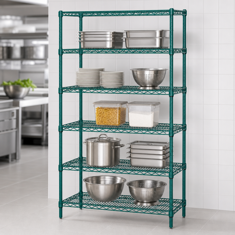 Product image #3 for Quantum Wire Shelving Starter Kit, 36"W x 12"D x 74"H, 5 Shelves, Green Epoxy Antimicrobial Finish