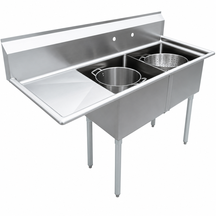 Product image #3 for Omcan 2-Compartment Pot Sink with Left-Hand Drainboard, 18" x 18" x 11" Bowls, 304 Stainless Steel