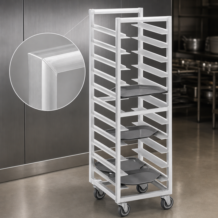 Product image #3 for Mobile Single-Section Trapezoidal Aluminum Cafeteria Tray Rack for 14 x 18 Trays, 30-Tray Capacity