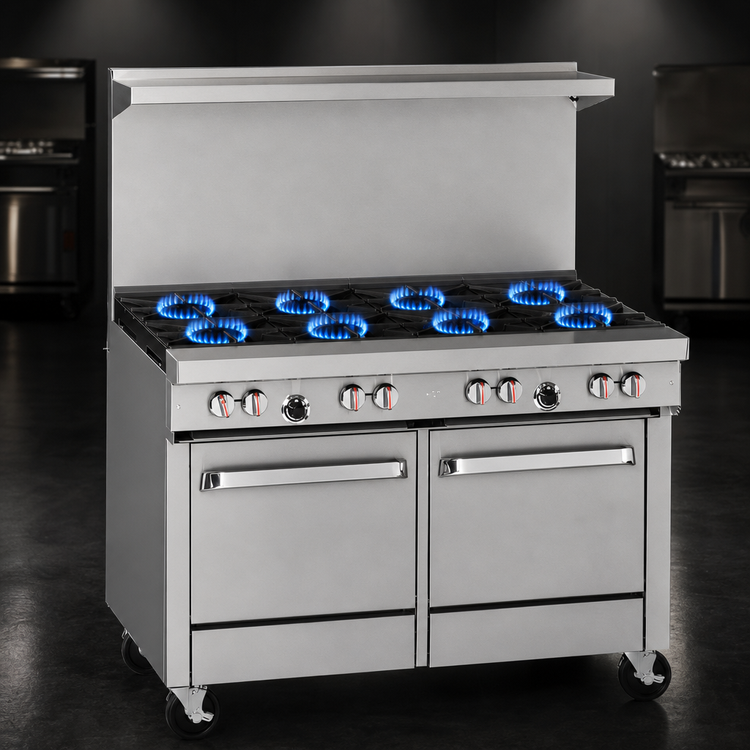 Product image #3 for 48-Inch Gas Restaurant Range with 8 Open Burners and 2 Space Saver Ovens