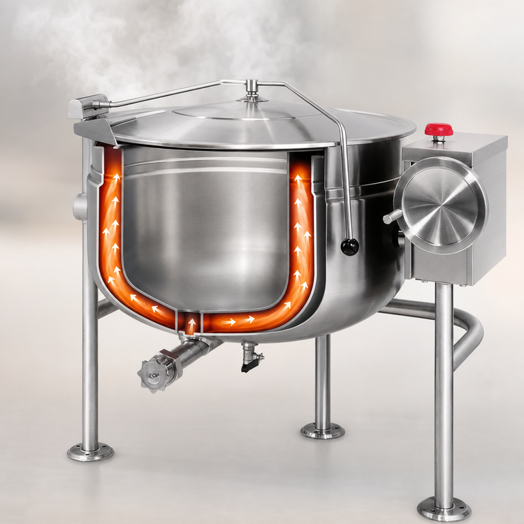 Product image #3 for Cleveland Range Short Series 60-Gallon Direct Steam Tilting Steam Jacketed Kettle with Open Tri-Leg Base