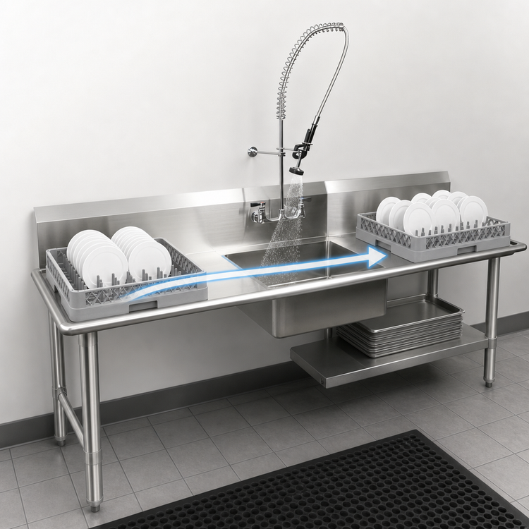 Product image #3 for BK Resources 48-Inch Straight Left-to-Right Soiled Dish Table with Pre-Rinse Sink and 10-Inch Backsplash