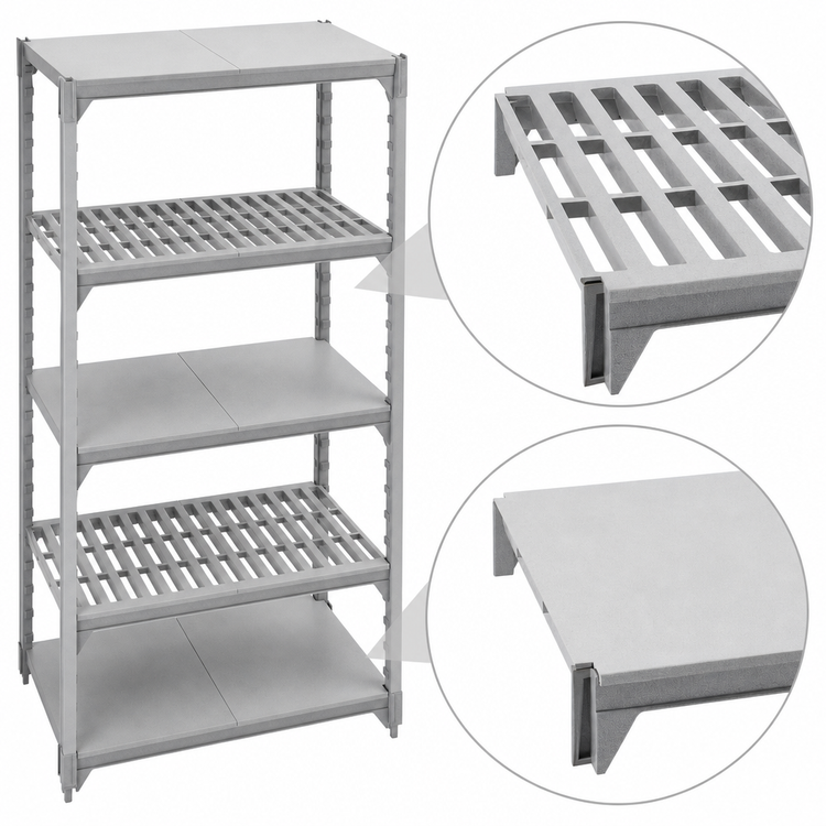 Product image #4 for Cambro Camshelving Premium 21 x 72 Inch 5-Shelf Vented and Solid Polymer Shelf Kit, Speckled Gray