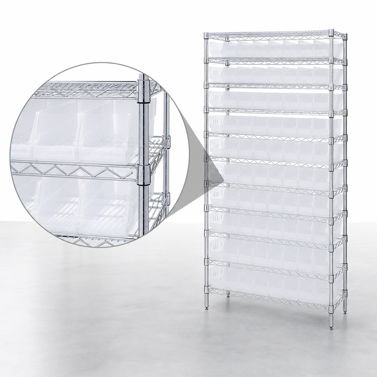 Product image #3 for Quantum Stationary Bin Wire Shelving System with 12 Shelves and 88 Clear Bins, 36"W x 18"D x 74"H, Chrome Plated