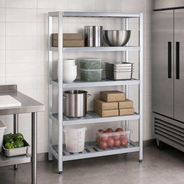 Product image #3 for New Age T-Bar Series 4-Tier Cantilevered Aluminum Shelving Unit, 72"W x 20"D x 72"H, 1000 lb. Shelf Capacity