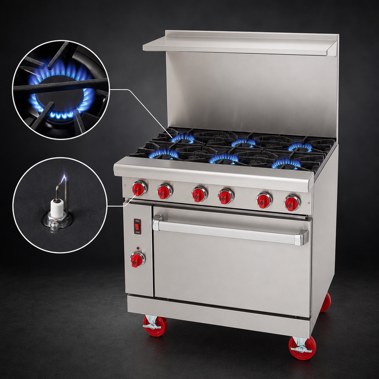 Product image #3 for American Range Green Flame 36-Inch Commercial Gas Range with 6 Open Burners and Storage Cabinet Base