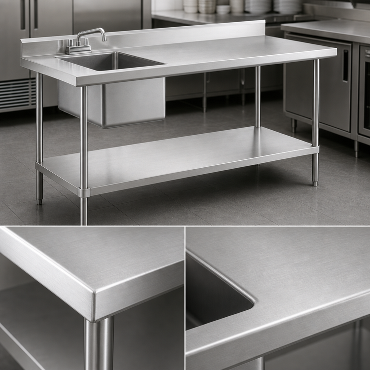 Product image #3 for Steel Works Stainless 48-Inch x 30-Inch Stainless Steel Sink Table with Left 16 x 20 x 12 Bowl, Backsplash, and Undershelf