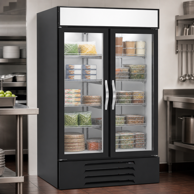 Product image #4 for Beverage Air MarketMax 2-Section Reach-In Glass Door Freezer Merchandiser, 35.08 Cu. Ft., Bottom-Mounted Self-Contained Refrigeration