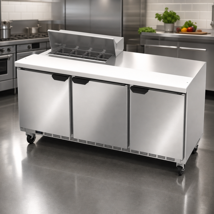 Product image #4 for Beverage-Air 72-Inch Three-Section Sandwich Prep Table Refrigerator with 8-Pan Top and 10-Inch Cutting Board