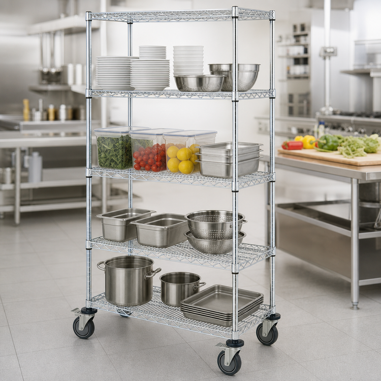 Product image #3 for Quantum Mobile Wire Shelving Cart, 36 x 24 x 80 Inches, 4 Shelves, Chrome Plated Finish