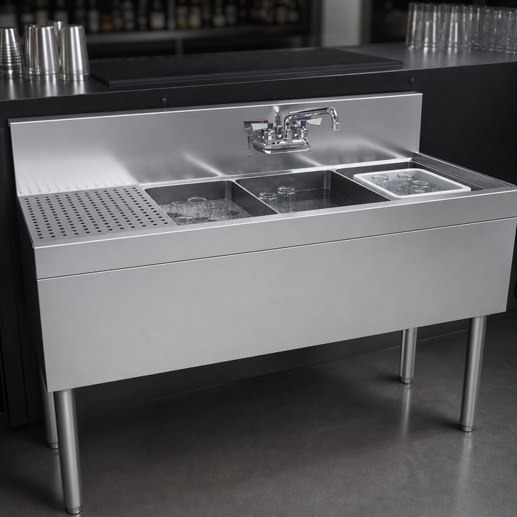 Product image #3 for Glastender 48-Inch Stainless Steel Three-Compartment Underbar Sink Unit with 12-Inch Left Drainboard