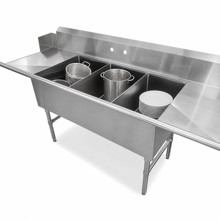 Product image #3 for John Boos 3-Compartment Straight Clean Dishtable/Pot Sink with 2 Drainboards and Left-Side Dish Machine Attachment