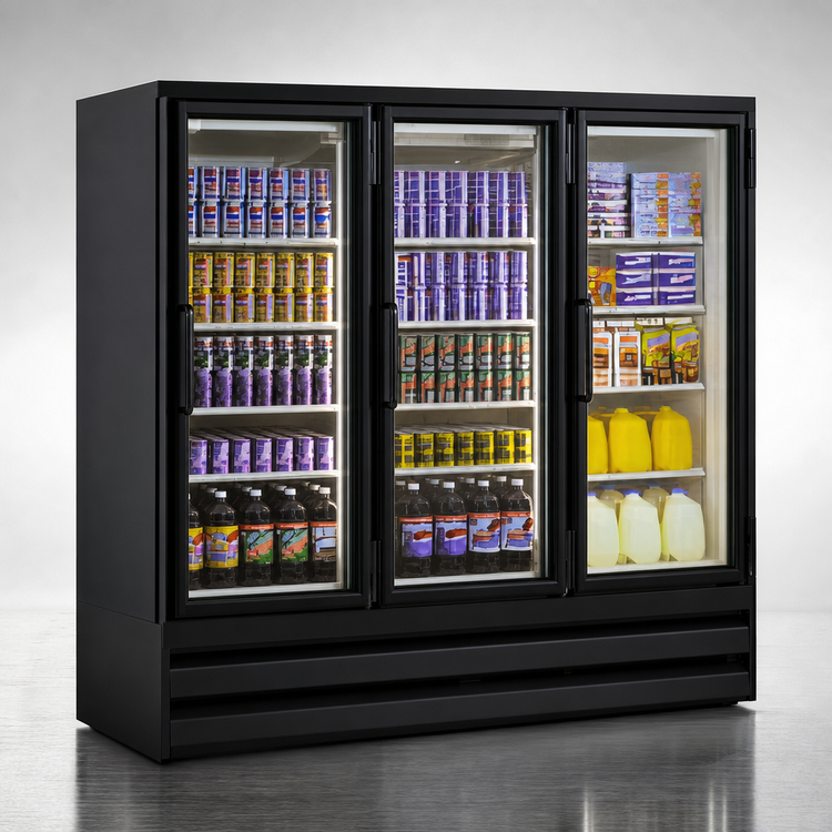 Product image #3 for Howard-McCray Three-Section Bottom-Mount Hinged Glass Door Refrigerator Merchandiser, 65 Cu. Ft., Black