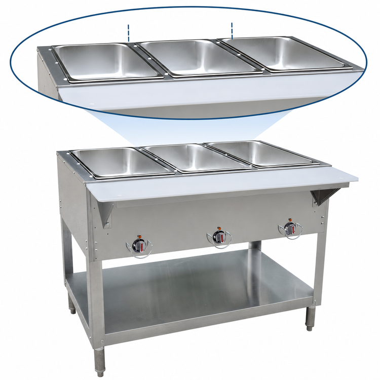 Product image #3 for BK Resources 43-Inch Natural Gas 3-Well Open Well Steam Table with Cutting Board Shelf and Adjustable Undershelf