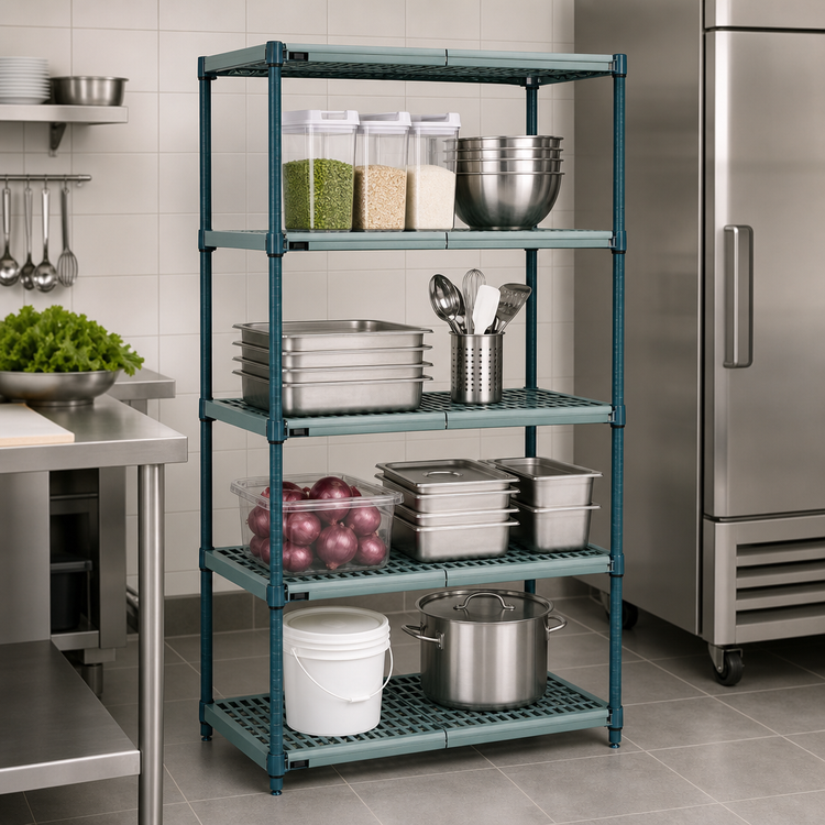 Product image #3 for Quantum 4-Tier Stationary Wire Plastic Mat Shelving Unit, 42 x 24 x 74 Inches, Green Epoxy Antimicrobial Finish