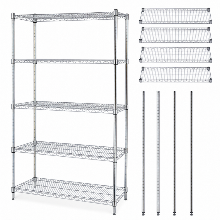 Product image #3 for Quantum Stationary Wire Shelving Starter Kit, 36 in. W x 12 in. D x 54 in. H, 5 Shelves, Chrome Plated