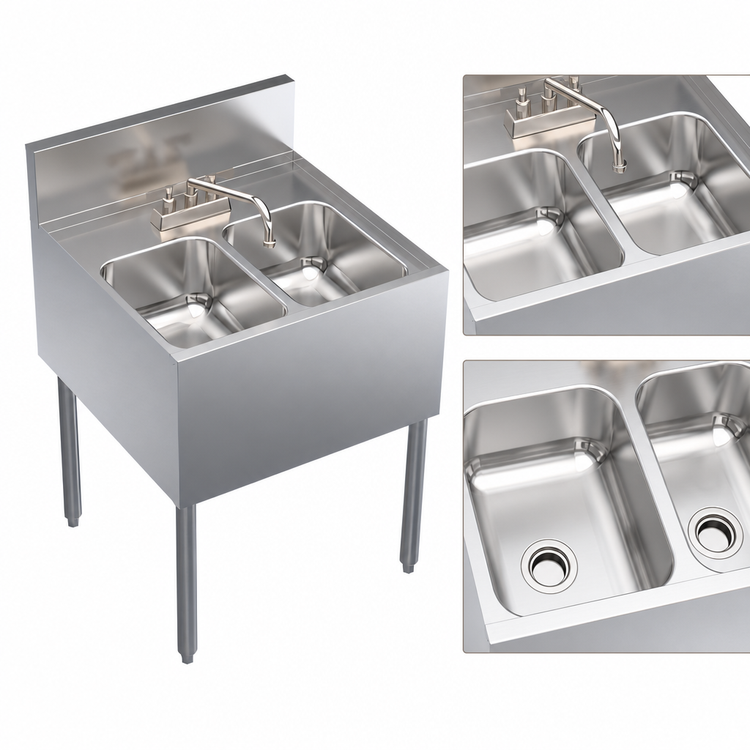 Product image #3 for Krowne Royal Series 24 x 24 Inch Stainless Steel Two-Compartment Underbar Sink Unit with Deck Mount Faucet