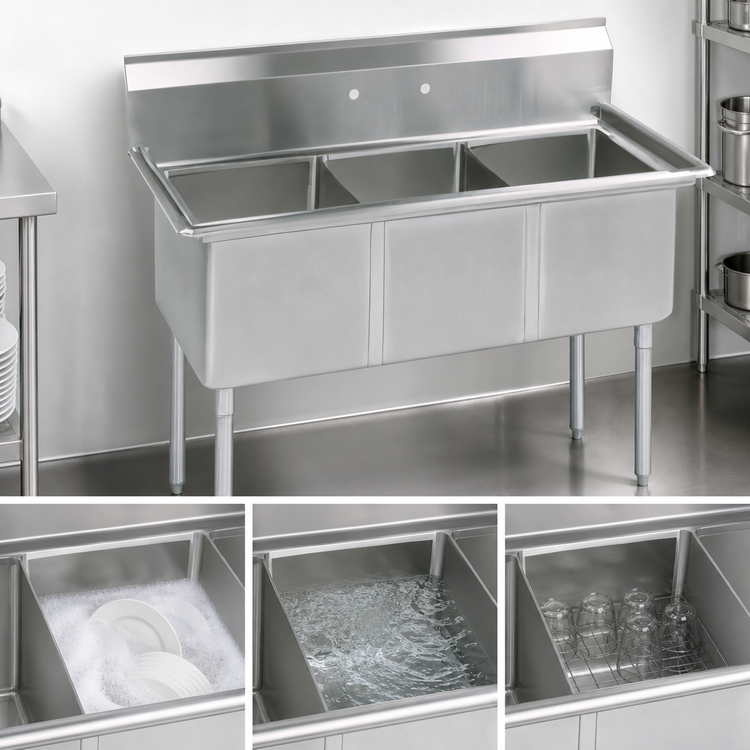 Product image #3 for BK Resources Three Compartment Stainless Steel Sink with No Drainboards and 9-Inch Backsplash