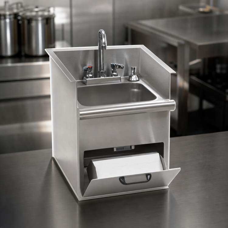 Product image #3 for Eagle Group Drop-In 1-Compartment 304 Stainless Steel Hand Sink with Towel Dispenser, Faucet, and Access Door
