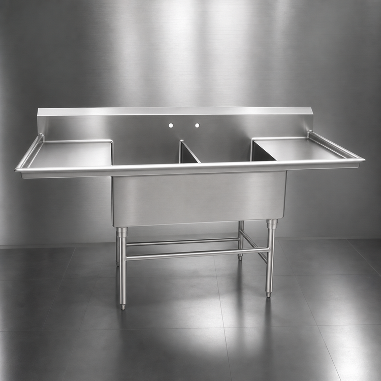Product image #3 for Eagle Group Spec-Master FFN2740-2-24-14/3 Two-Compartment Flush Front Stainless Steel Sink with Dual 24-Inch Drainboards
