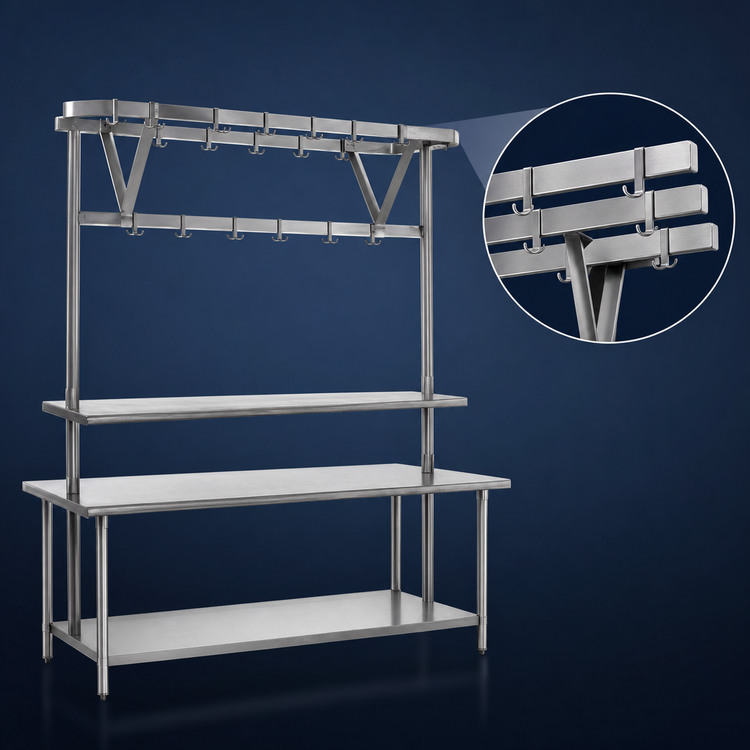 Product image #3 for Eagle Group TM72PR Stainless Steel Triple-Bar Table-Mounted Pot Rack for 72-Inch Tables