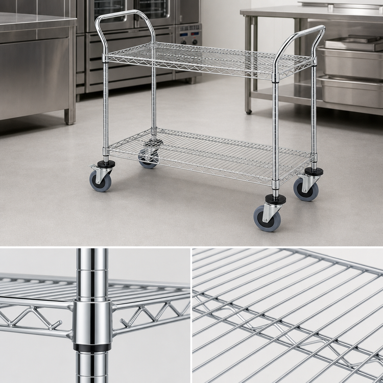 Product image #3 for Conductive Utility Bus Cart with 2 Wire Shelves, 42 x 18 Inch, Chrome Plated