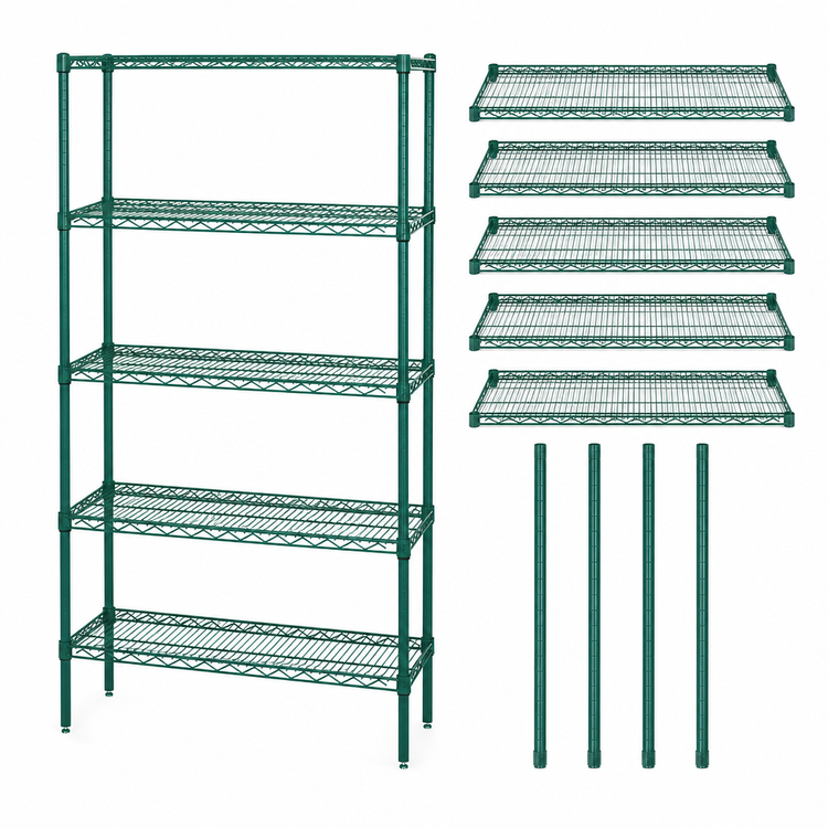 Product image #3 for Quantum 48 x 14 x 63 Inch Stationary Wire Shelving Starter Kit, 5-Shelf, Green Epoxy Antimicrobial Finish