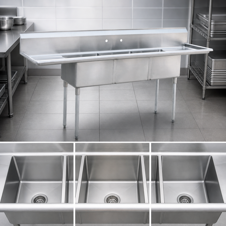 Product image #3 for Mixrite 3-Compartment Stainless Steel Sink with Left and Right Drainboards, 18 x 18 x 12 Inch Bowls, 90-Inch Wide