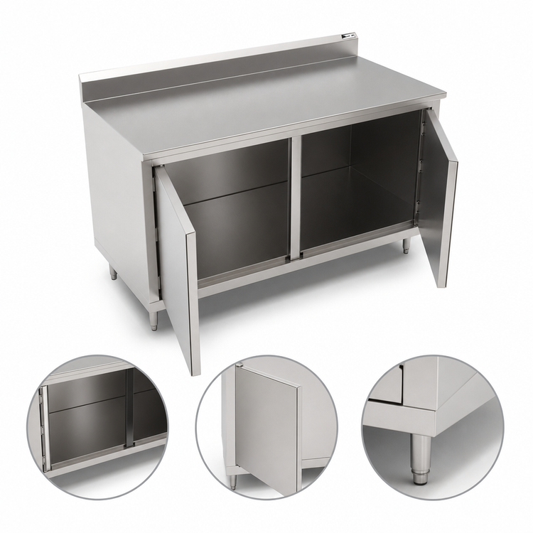 Product image #3 for John Boos 48" x 36" Enclosed Base Work Table with Hinged Doors, 14-Gauge Stainless Steel Top, and 5" Backsplash