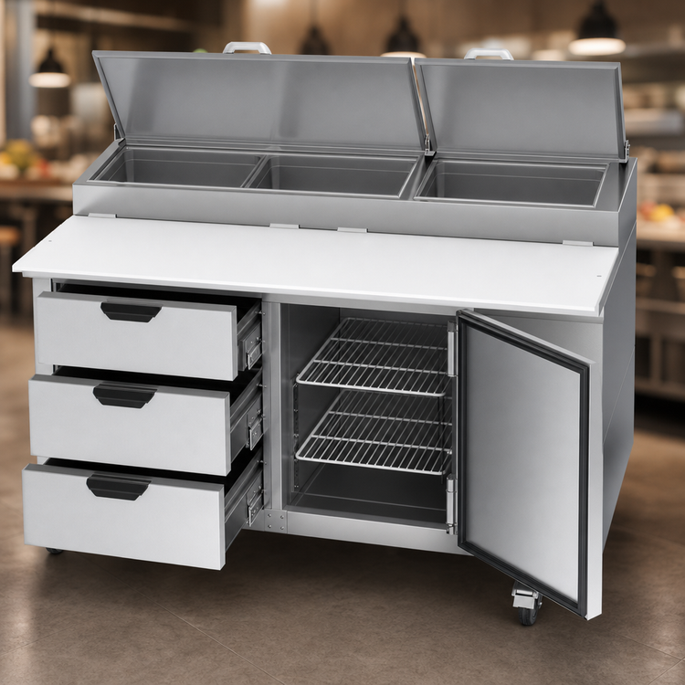 Product image #3 for Beverage-Air DPD67HC-3 67-Inch Two-Section Pizza Top Refrigerated Prep Table with 3 Drawers and 1 Door