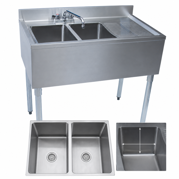 Product image #3 for BK Resources Slim-Line 36 Inch Two-Compartment Underbar Sink with Right Drainboard, Faucet, and Drain Kit