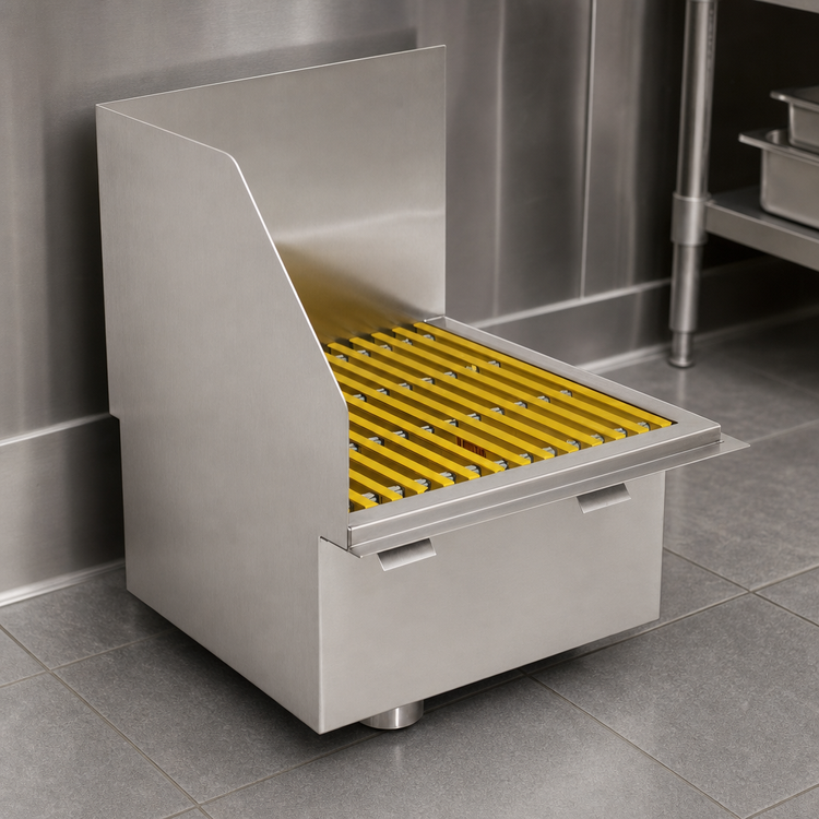 Product image #3 for Eagle Group 23.625-Inch Flush Floor-Mounted 304 Stainless Steel Mop Sink with Left End Splash and Fiberglass Grating