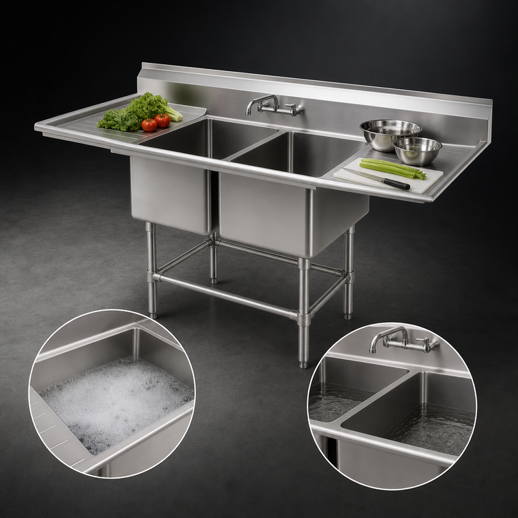 Product image #3 for Eagle Spec-Master FN Series Two-Compartment Stainless Steel Sink with Dual 18-Inch Drainboards