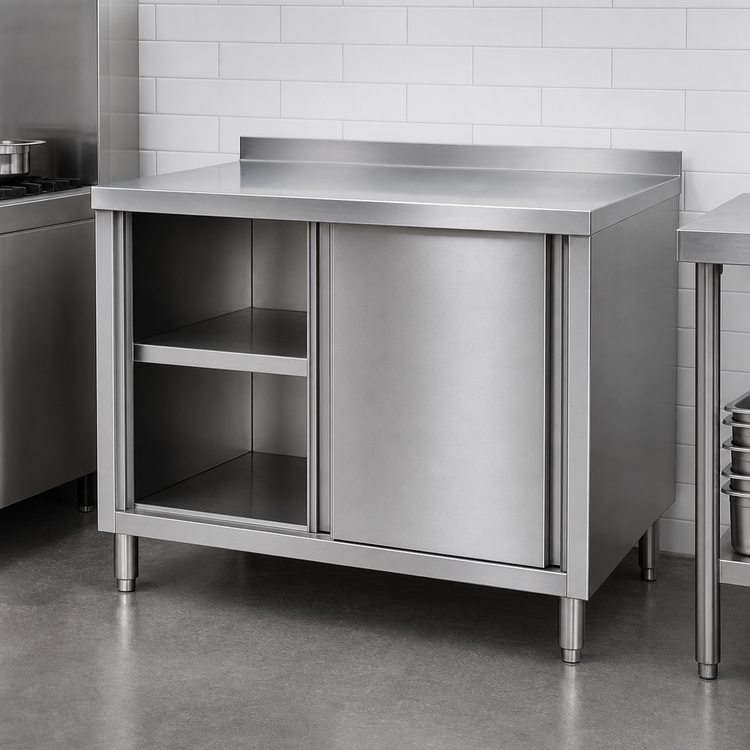 Product image #3 for Klinger's Trading 60 Inch x 24 Inch Stainless Steel Enclosed Work Table with Sliding Doors and Middle Shelf