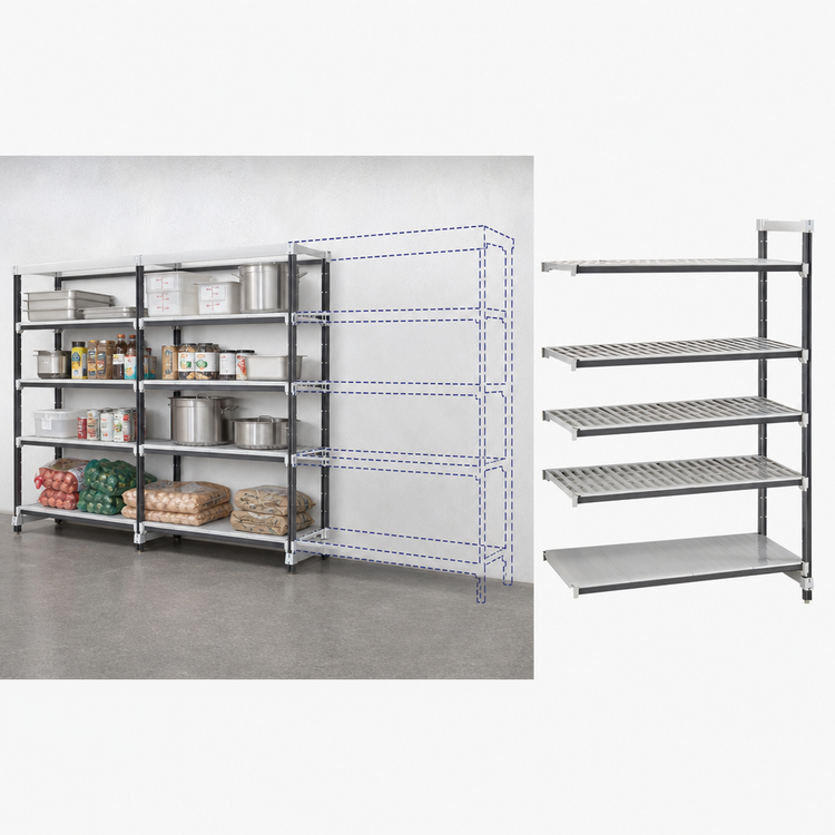 Product image #3 for Cambro Camshelving Elements XTRA 5-Shelf Stationary Add-On Polymer Shelving Unit, 21 x 36 x 84 Inches, Vented and Solid, Speckled Gray