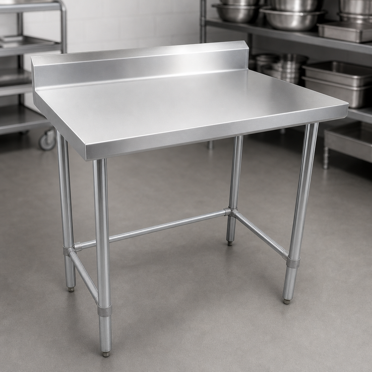 Product image #3 for BK Resources 48" x 30" 18-Gauge 430 Stainless Steel Open Base Work Table with 5" Backsplash