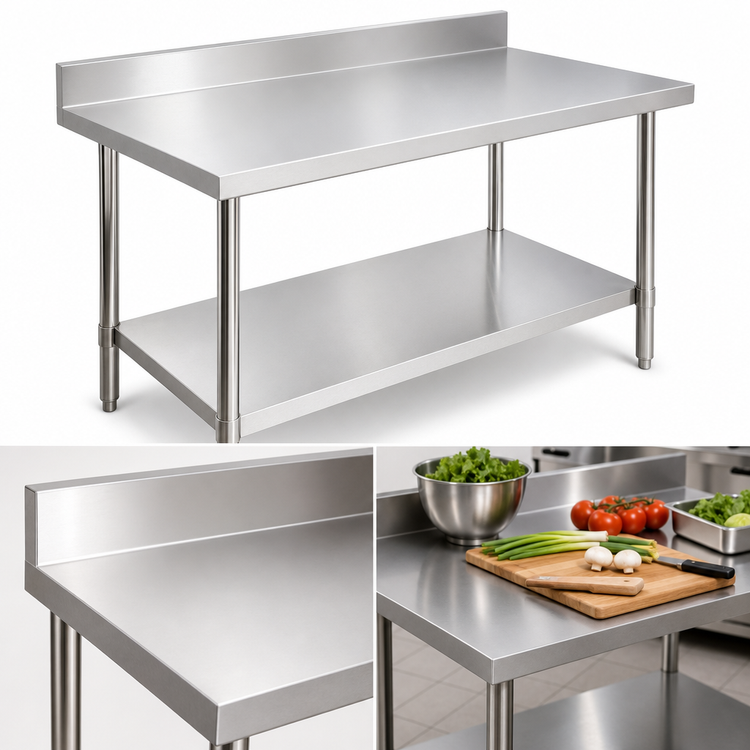 Product image #3 for Omcan USA 30 x 30 Inch 20-Gauge 430 Stainless Steel Corner Work Table with 4-Inch Backsplash and Undershelf