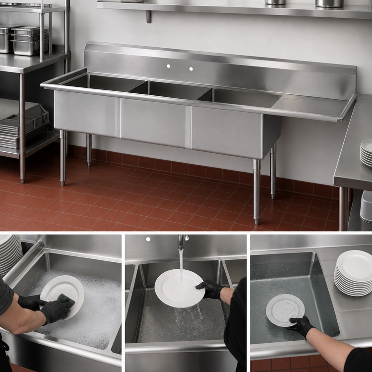 Product image #3 for BK Resources Three-Compartment Sink with Right Drainboard, 16 x 20 x 12 Bowls, 68-1/2 Inch Overall, 304 Stainless Steel
