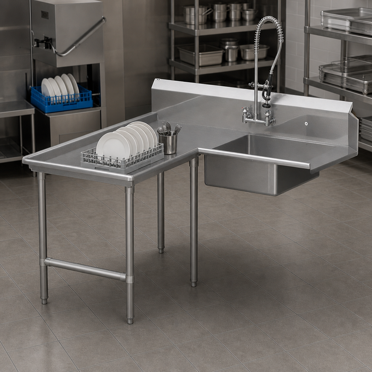 Product image #3 for John Boos Pro-Bowl L-Shaped Island Soiled Dish Table with Pre-Rinse Sink, Left-to-Right, 60 Inch Machine-to-Corner x 72 Inch Corner-to-End