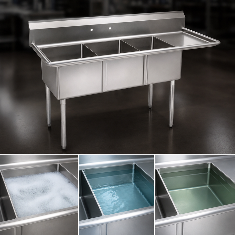 Product image #3 for John Boos E-Series 3-Compartment Stainless Steel Floor Model Sink with Right-Hand Drainboard