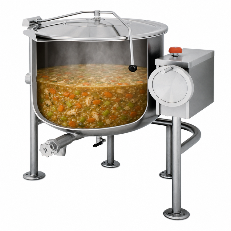 Product image #3 for Cleveland Range KDL150T 150-Gallon Direct Steam Tilting Steam Kettle with Open Quad-Leg Base