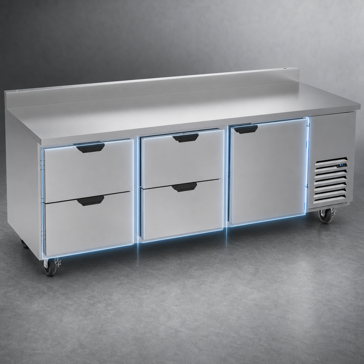 Product image #3 for Beverage-Air Three-Section Worktop Refrigerator with 4 Drawers and 1 Door, 93 Inches, Side-Mounted Self-Contained, Stainless Steel