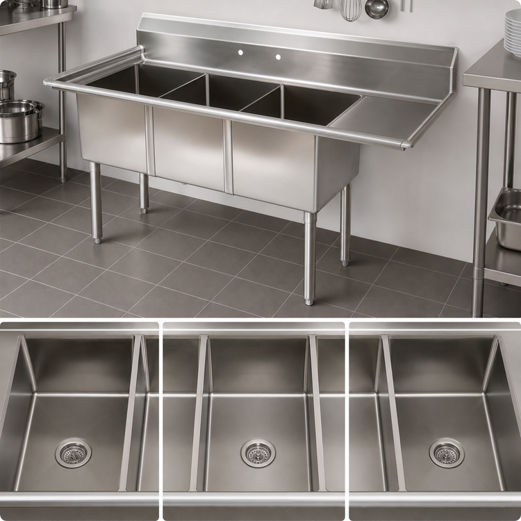 Product image #3 for John Boos E-Series Freestanding 3-Compartment Stainless Steel Sink with Right Drainboard