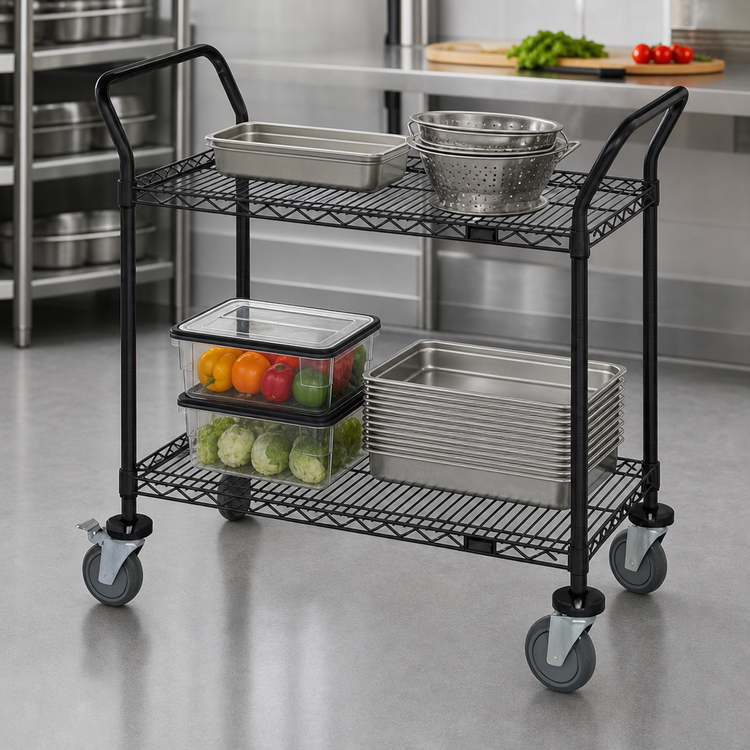 Product image #3 for Quantum Black Epoxy Antimicrobial Wire Utility Cart, 2 Shelves, 42 x 24 x 37-1/2 Inches