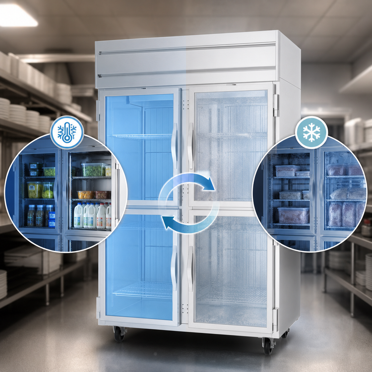 Product image #3 for Beverage-Air Cross Temp Top-Mounted Two-Section Reach-In Convertible Refrigerator/Freezer, 4 Hinged Half-Glass Doors