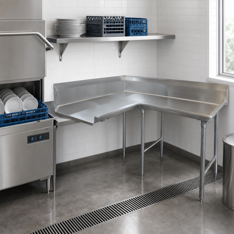 Product image #3 for Advance Tabco Korner Clean Right-Hand L-Shaped Dish Table, 119-Inch, 14-Gauge 304 Stainless Steel