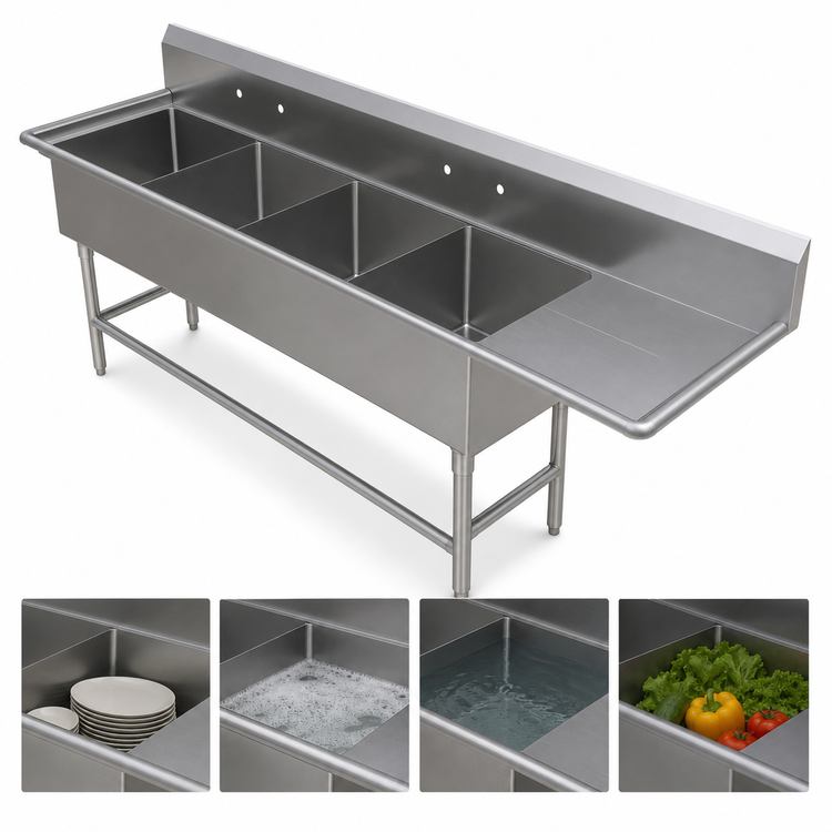 Product image #3 for John Boos Pro-Bowl 4-Compartment Sink with Right-Hand Drainboard, 12-Inch Deep Bowls, 154-3/16"W x 29-1/2"D