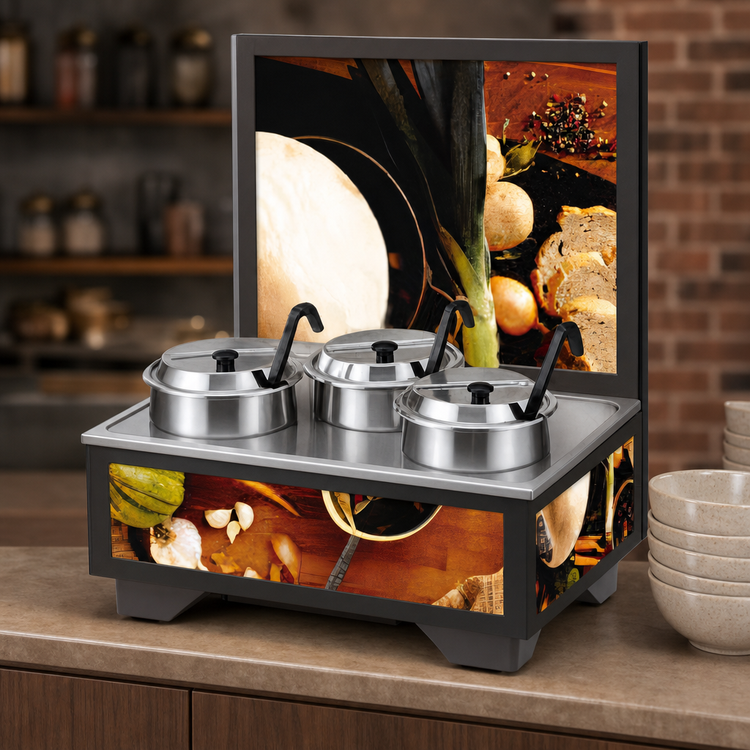Product image #3 for Vollrath Cayenne Full-Size Electric Rethermalizing Soup Merchandiser Base with Menu Board and 4 Qt Accessory Pack