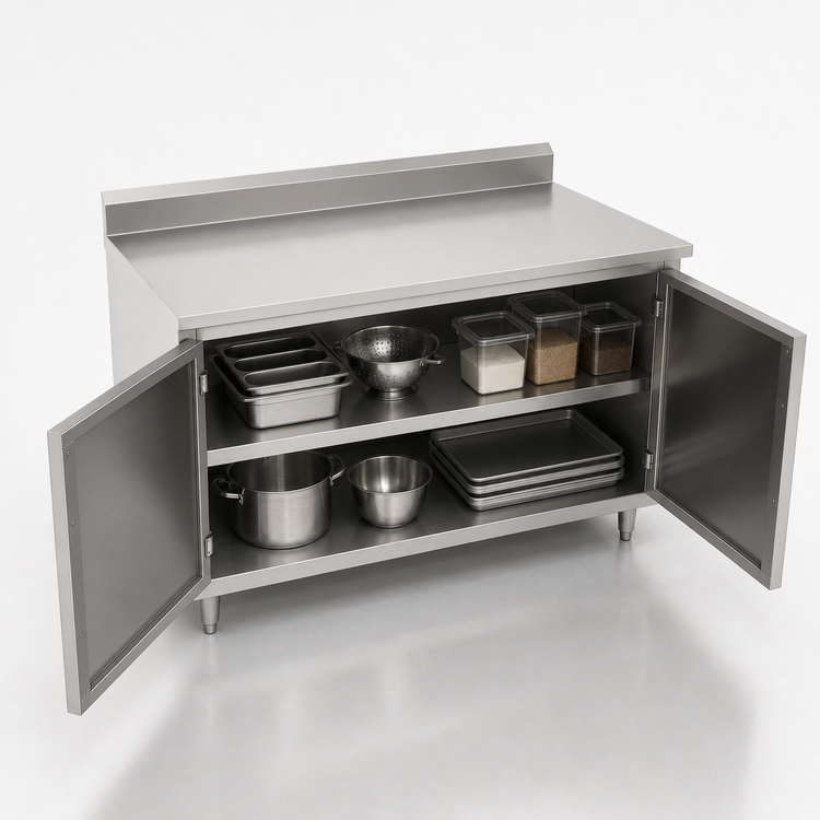 Product image #3 for John Boos Enclosed Stainless Steel Work Table with Cabinet Base and Hinged Doors, 36" x 36", 5" Backsplash